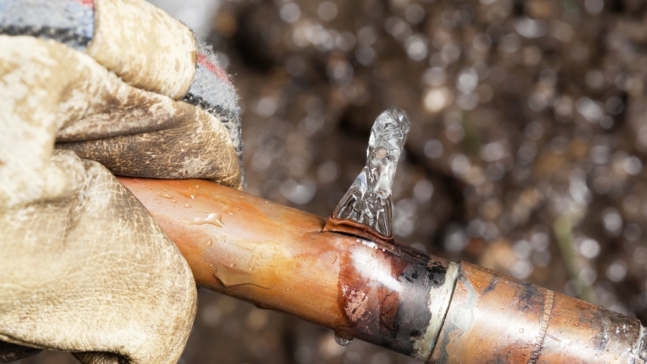 A leaking copper pipe that burst after freezing is shown.